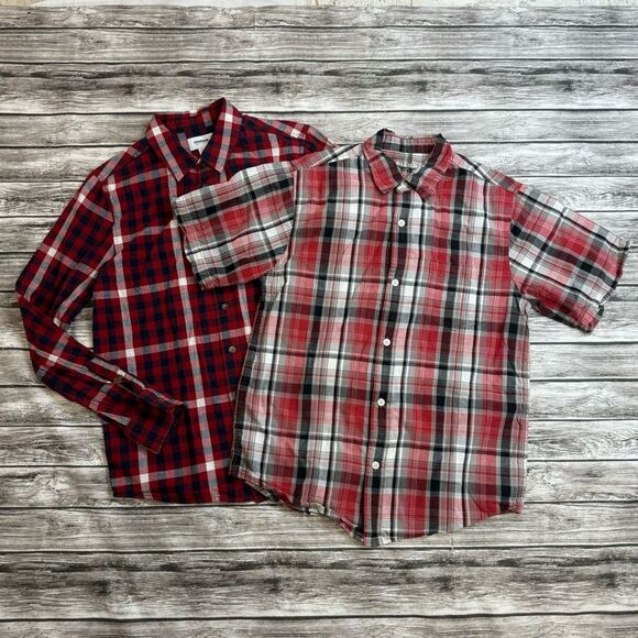 multiple Other - Lot of 2 Boys Youth Kids Casual Button Front Shirts L LG Large Red Black Grey